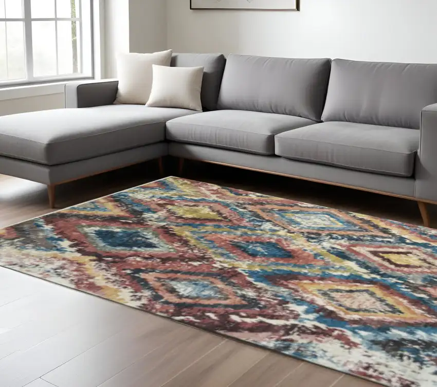 Blue Geometric Distressed Area Rug With Fringe Photo 1