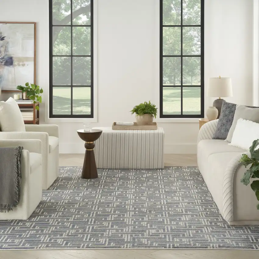 Blue Geometric Distressed Area Rug Photo 6