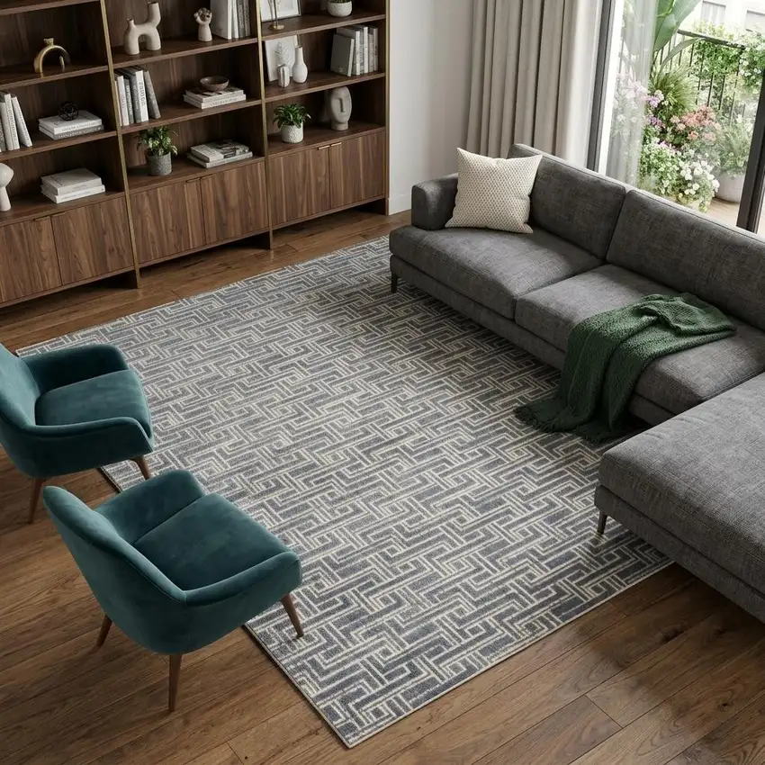 Blue Geometric Distressed Area Rug Photo 1