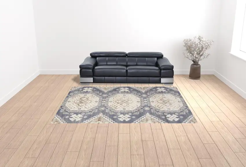 Blue Geometric Distressed Area Rug Photo 2