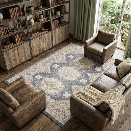 Blue Geometric Distressed Area Rug Photo 1