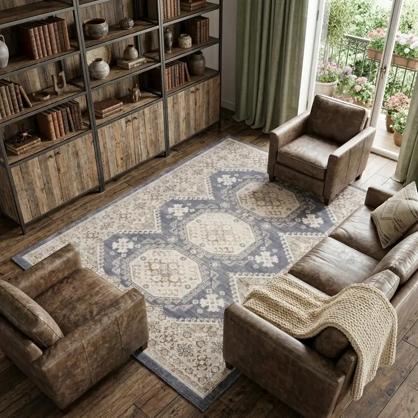 Blue Geometric Distressed Area Rug Photo 1