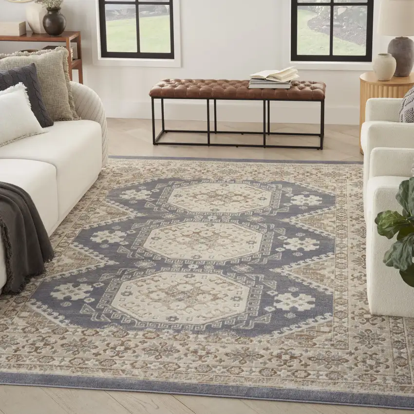 Blue Geometric Distressed Area Rug Photo 3
