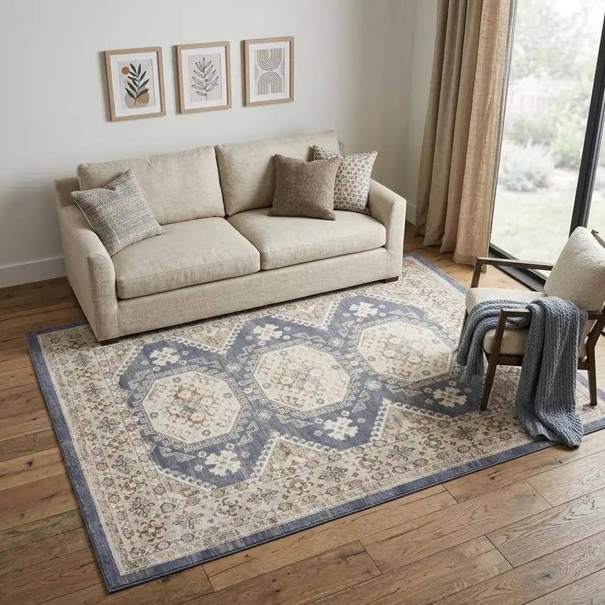 Blue Geometric Distressed Area Rug Photo 1