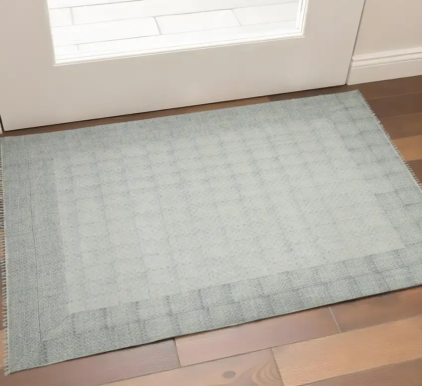 Gray And Blue Geometric Flatweave Handmade Distressed Area Rug With Fringe Photo 1