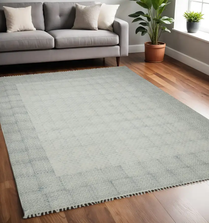 Gray And Blue Geometric Flatweave Handmade Distressed Area Rug With Fringe Photo 1