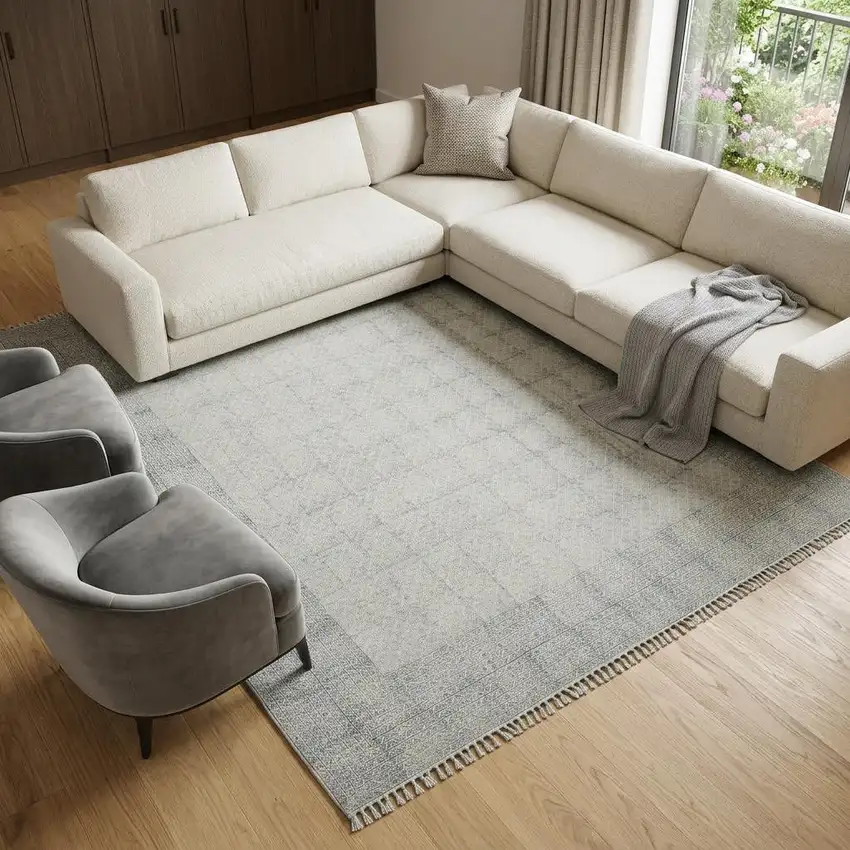 Gray And Blue Geometric Flatweave Handmade Distressed Area Rug With Fringe Photo 1