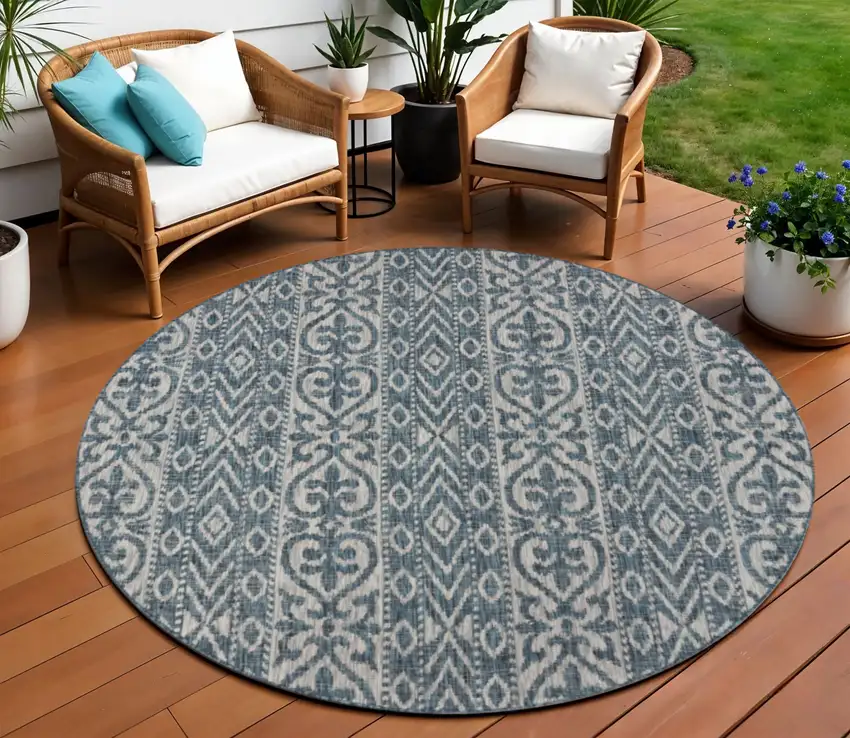 Blue And Gray Round Indoor Outdoor Area Rug Photo 1