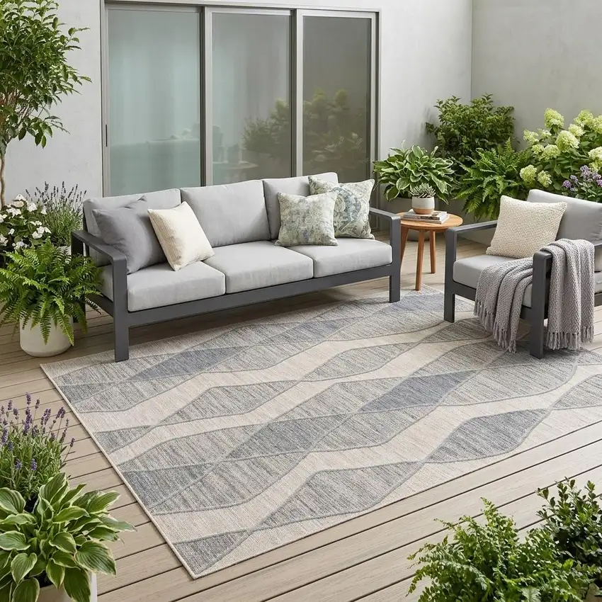 Blue and Gray Abstract Geometric Indoor Outdoor Area Rug Photo 1