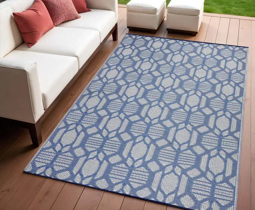 Blue Geometric Machine Braided Distressed Area Rug With UV Protection Photo 1