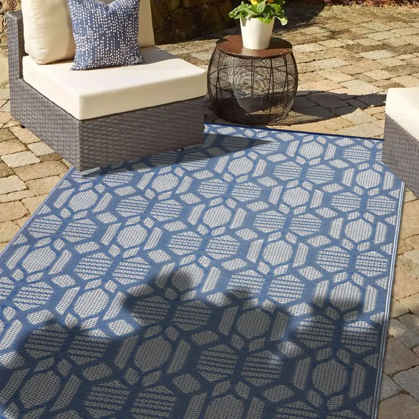Blue Geometric Machine Braided Distressed Area Rug With UV Protection Photo 6