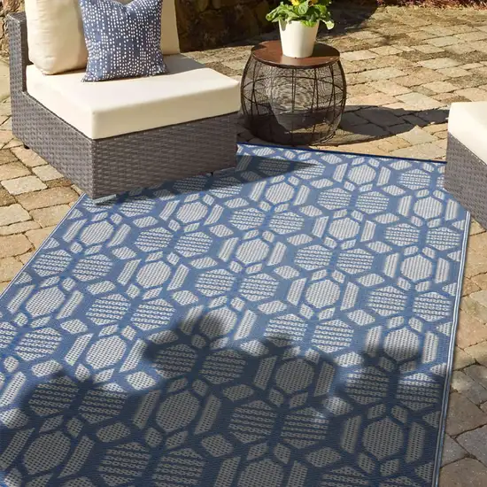 Blue Geometric Machine Braided Distressed Area Rug With UV Protection Photo 6