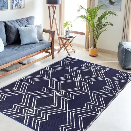 Blue Geometric Machine Braided Distressed Area Rug With UV Protection Photo 7