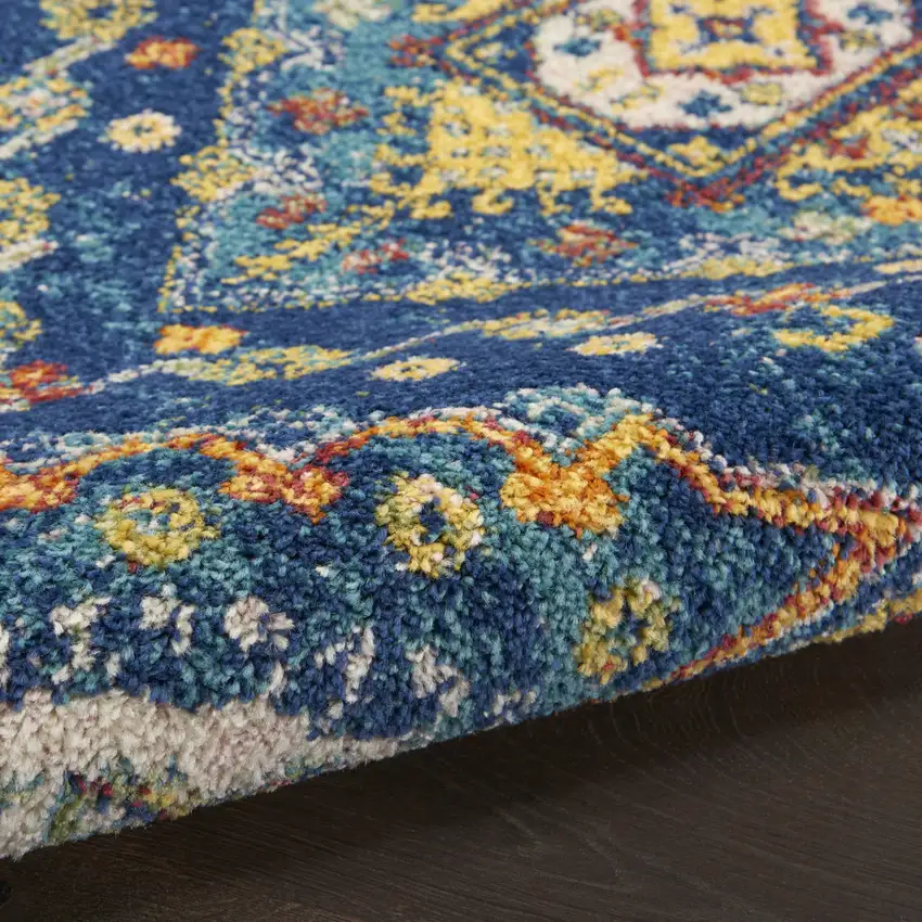8' Blue And Yellow Oriental Runner Rug Photo 6