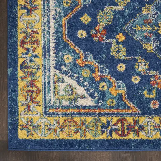 8' Blue And Yellow Oriental Runner Rug Photo 9