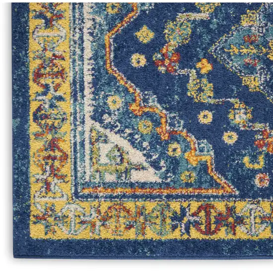 8' Blue And Yellow Oriental Runner Rug Photo 7