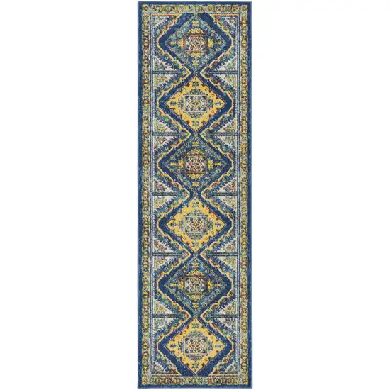 8' Blue And Yellow Oriental Runner Rug Photo 1