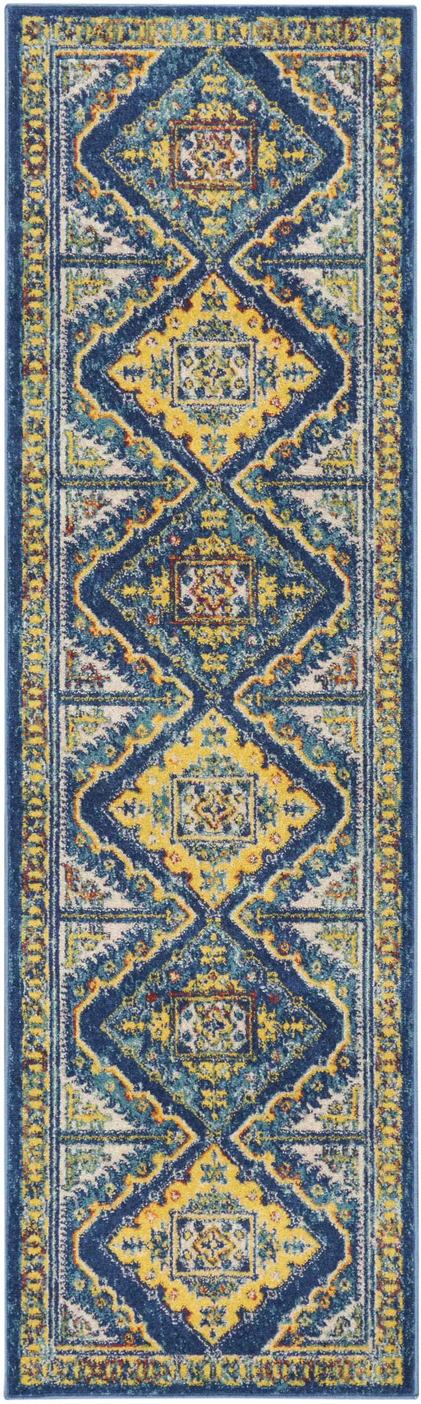 8' Blue And Yellow Oriental Runner Rug Photo 1