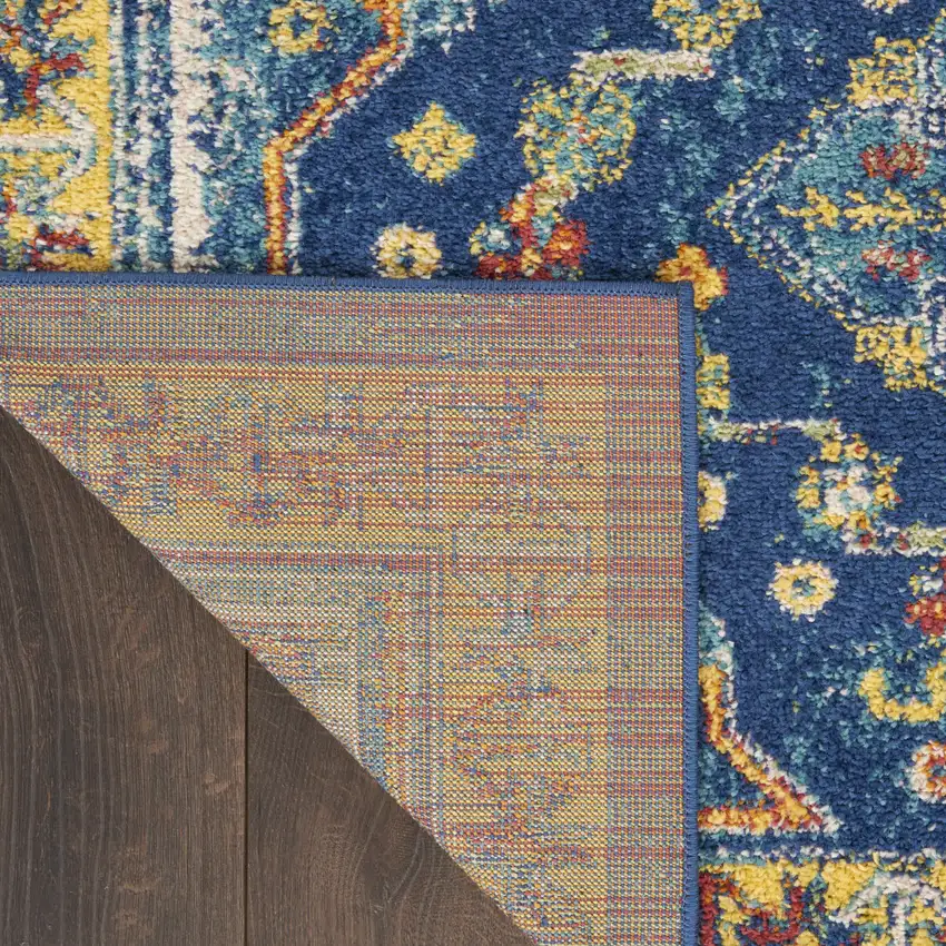 8' Blue And Yellow Oriental Runner Rug Photo 8