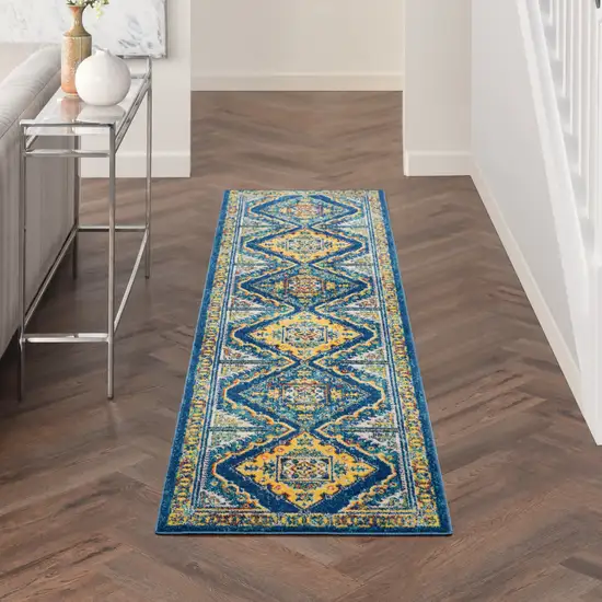 8' Blue And Yellow Oriental Runner Rug Photo 4