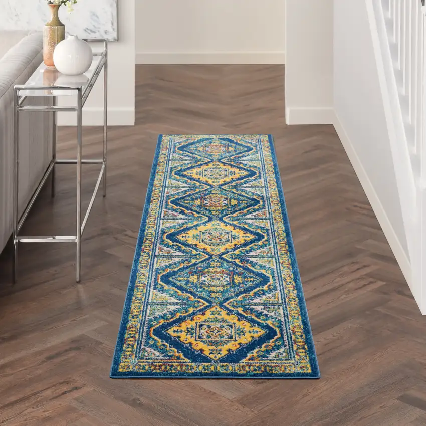 8' Blue And Yellow Oriental Runner Rug Photo 4