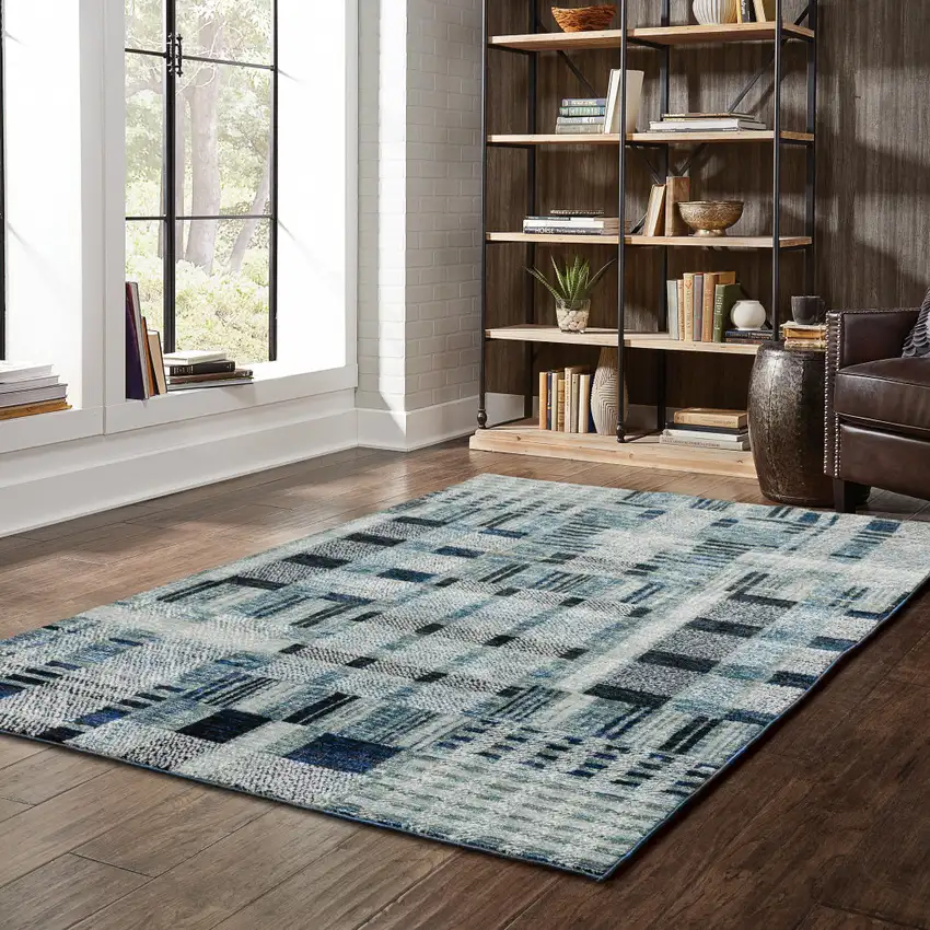 Blue Geometric Power Loom Stain Resistant Area Rug Photo 8