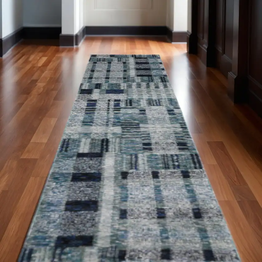 12' Blue Geometric Runner Rug Photo 1