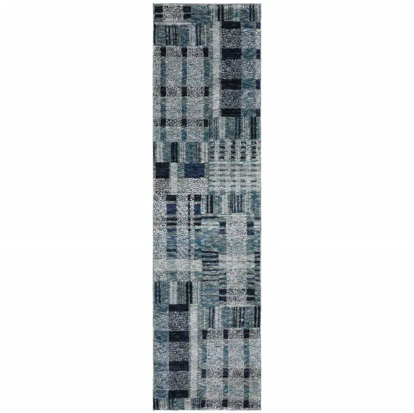 Blue Geometric Power Loom Stain Resistant Runner Rug Photo 1