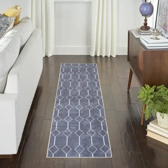 10' Blue Geometric Washable Runner Rug Photo 5