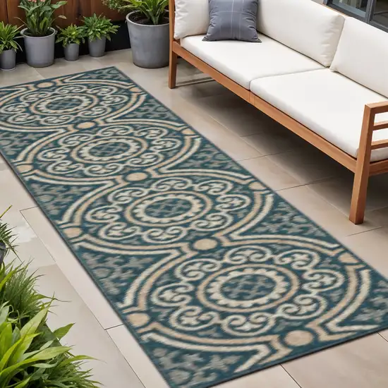Blue and Gray Geometric Stain Resistant Indoor Outdoor Area Rug Photo 1