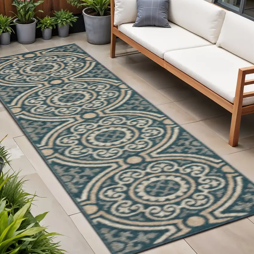 Blue and Gray Geometric Stain Resistant Indoor Outdoor Area Rug Photo 1
