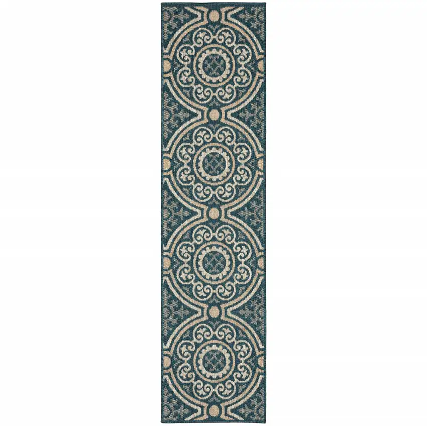 Blue Geometric Stain Resistant Indoor Outdoor Area Rug Photo 1