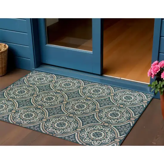 Blue and Gray Geometric Stain Resistant Indoor Outdoor Area Rug Photo 1