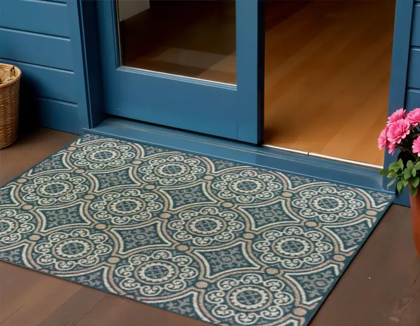 Blue and Gray Geometric Stain Resistant Indoor Outdoor Area Rug Photo 1