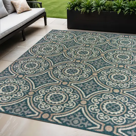Blue and Gray Geometric Stain Resistant Indoor Outdoor Area Rug Photo 1
