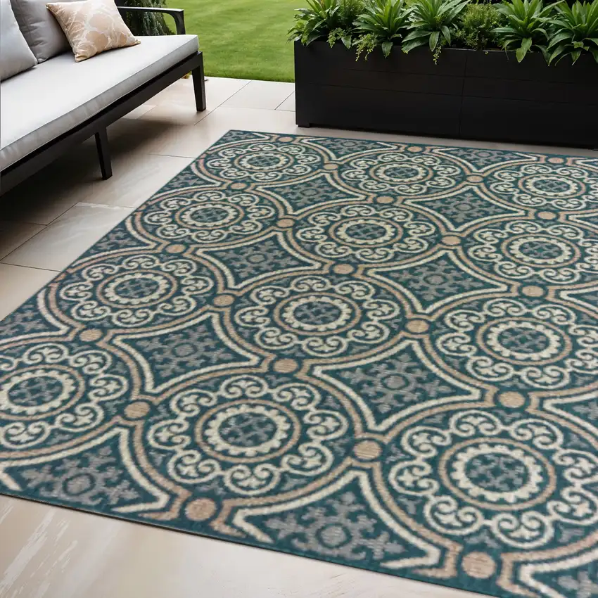 Blue and Gray Geometric Stain Resistant Indoor Outdoor Area Rug Photo 1