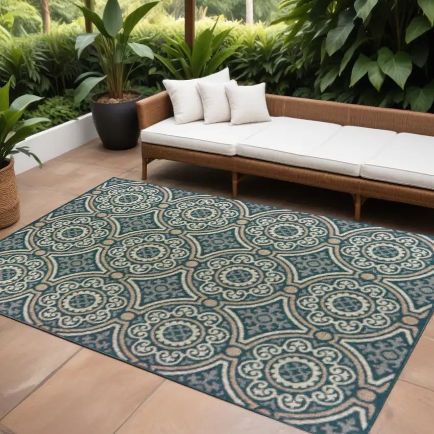 Blue and Gray Geometric Stain Resistant Indoor Outdoor Area Rug Photo 1