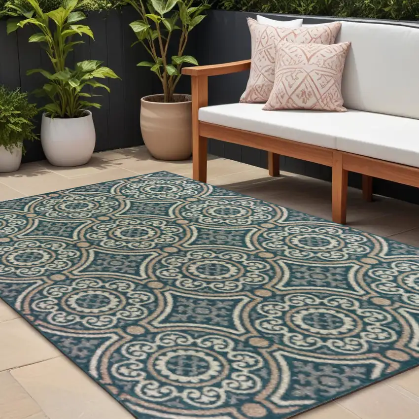 Blue and Gray Geometric Stain Resistant Indoor Outdoor Area Rug Photo 1