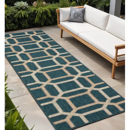 Blue and Gray Geometric Stain Resistant Indoor Outdoor Area Rug Photo 1