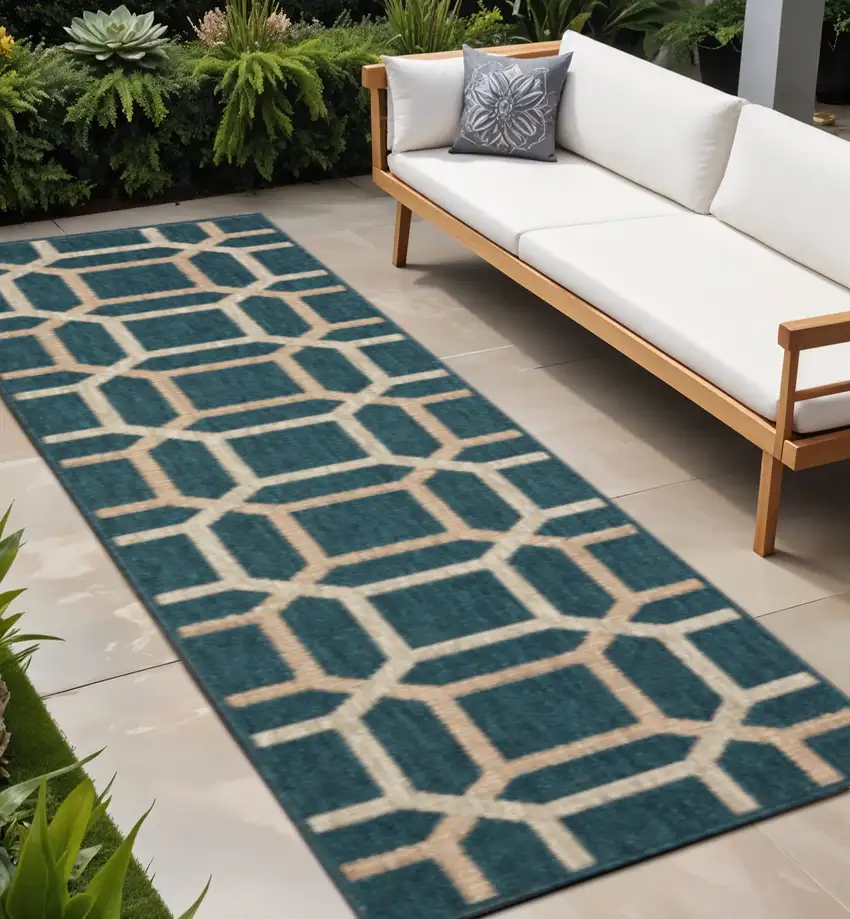 Blue and Gray Geometric Stain Resistant Indoor Outdoor Area Rug Photo 1