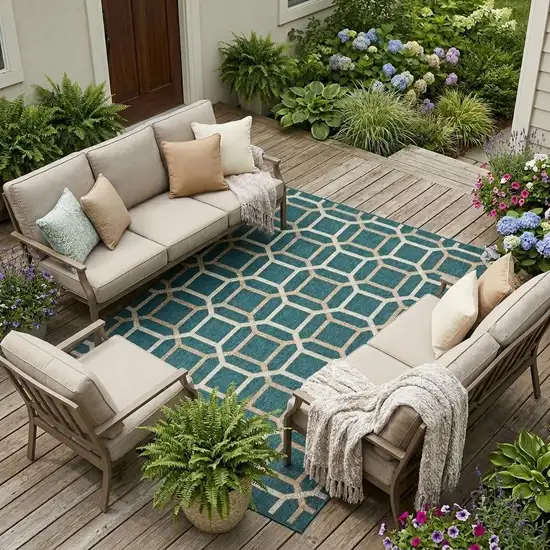 Blue and Gray Geometric Stain Resistant Indoor Outdoor Area Rug Photo 1