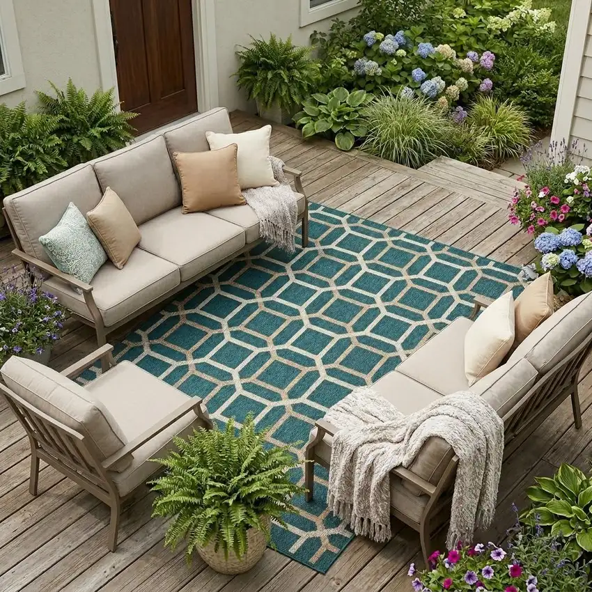 Blue and Gray Geometric Stain Resistant Indoor Outdoor Area Rug Photo 1