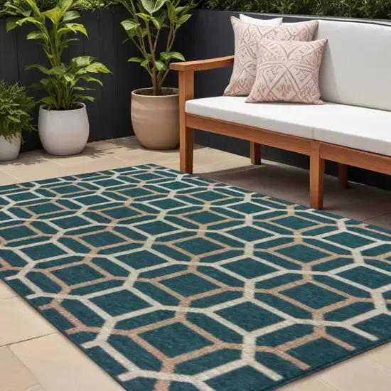 Blue and Gray Geometric Stain Resistant Indoor Outdoor Area Rug Photo 1