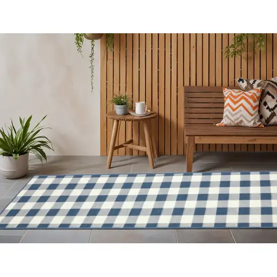 Blue and Ivory Geometric Stain Resistant Indoor Outdoor Area Rug Photo 1