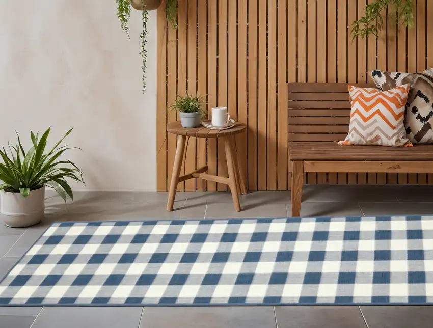 Blue and Ivory Geometric Stain Resistant Indoor Outdoor Area Rug Photo 1