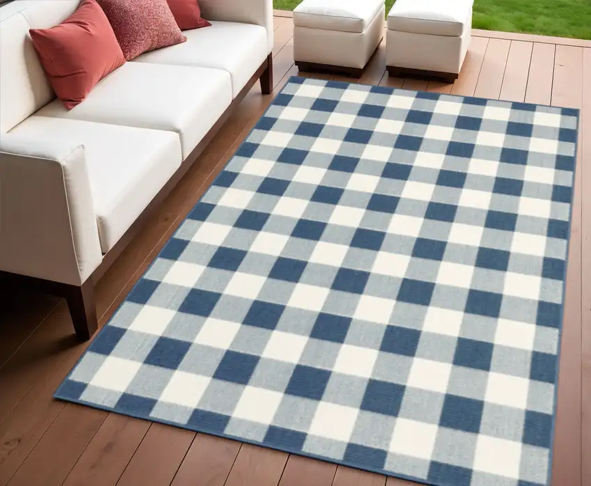 Blue and Ivory Geometric Stain Resistant Indoor Outdoor Area Rug Photo 1