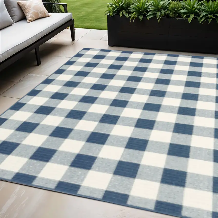 Blue and Ivory Geometric Stain Resistant Indoor Outdoor Area Rug Photo 1