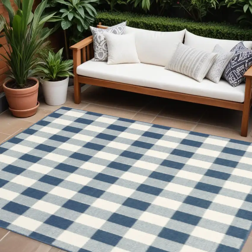 Blue and Ivory Geometric Stain Resistant Indoor Outdoor Area Rug Photo 1