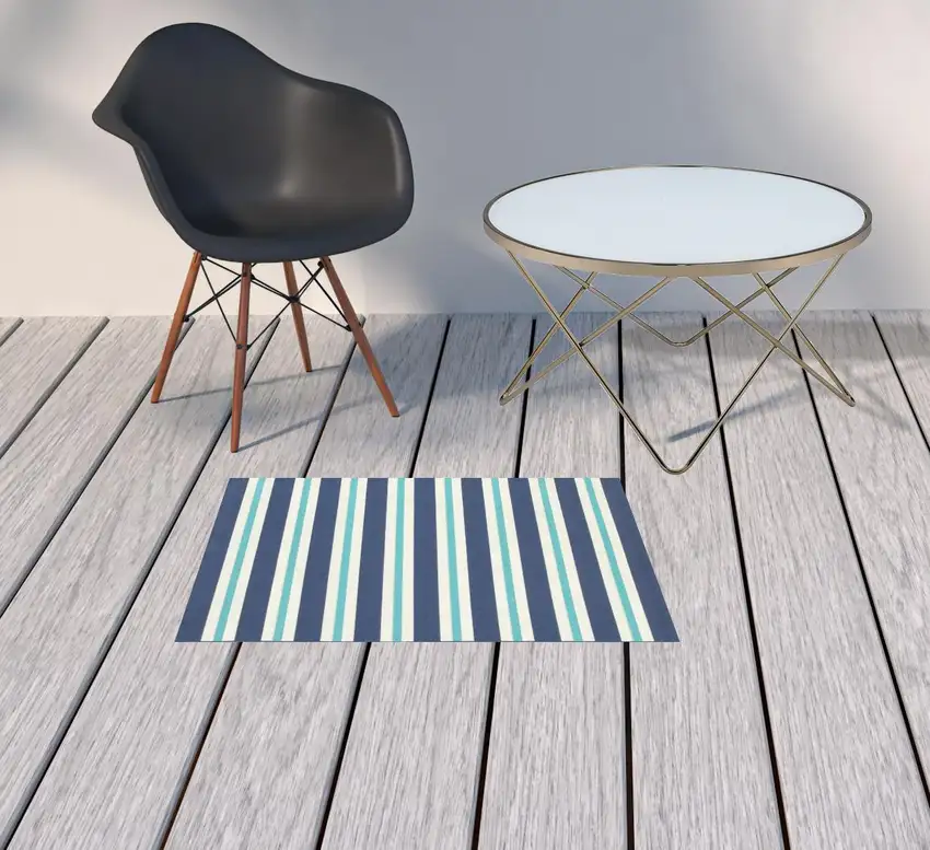 Blue Geometric Stain Resistant Indoor Outdoor Area Rug Photo 2