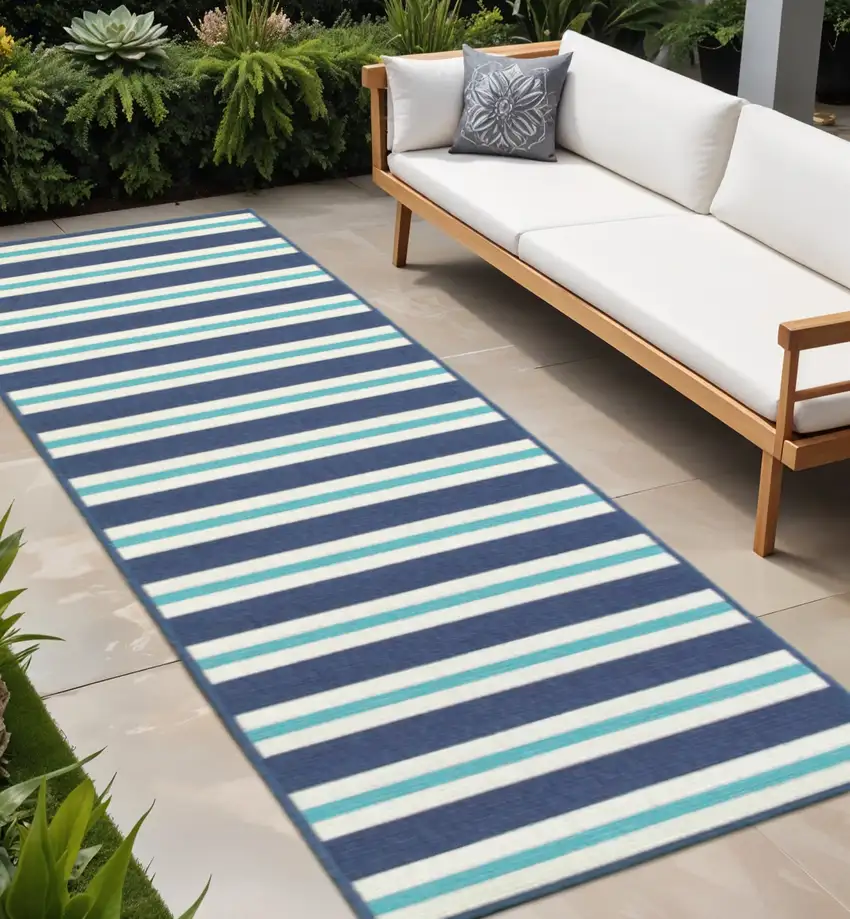 Blue and Ivory Geometric Stain Resistant Indoor Outdoor Area Rug Photo 1